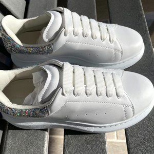Alexander McQueen Oversized White Leather Glitter Sneakers - NEW IN BOX